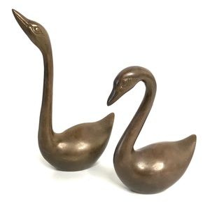 Pair SOLID BRASS SWAN Figurines Mid Century Home